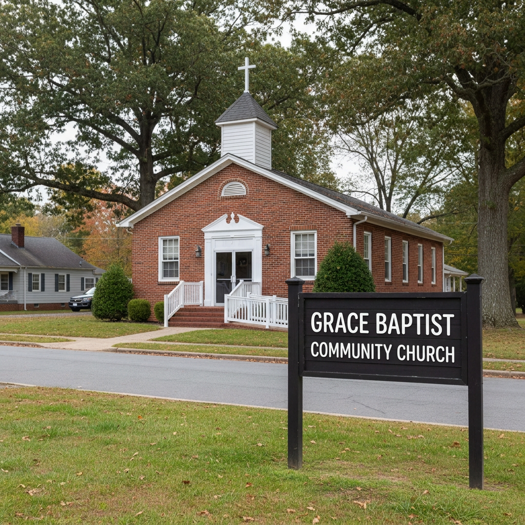 Create a complete, polished exterior photograph of a modest welcoming brick church on a quiet neighborhood street in Fredericksburg, Virginia, with a simple steeple, clean white trim, glass entrance doors, and an accessible ramp. Include a prominent outdoor church sign in the foreground. The sign must clearly and legibly read exactly: “Grace Baptist Community Church”. Use natural daylight, realistic architecture, warm inviting colors, and a professional community-church atmosphere. Ensure the exact sign wording is spelled correctly and integrated naturally into the full image.